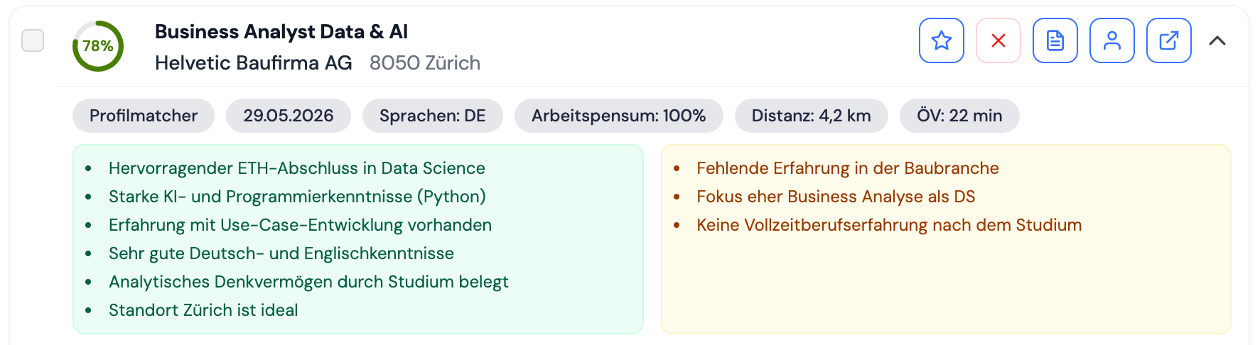 Ein Matching-Treffer in talentkiwi: eine bewertete Job-Karte mit den Stärken und Lücken des Kandidaten nebeneinander.